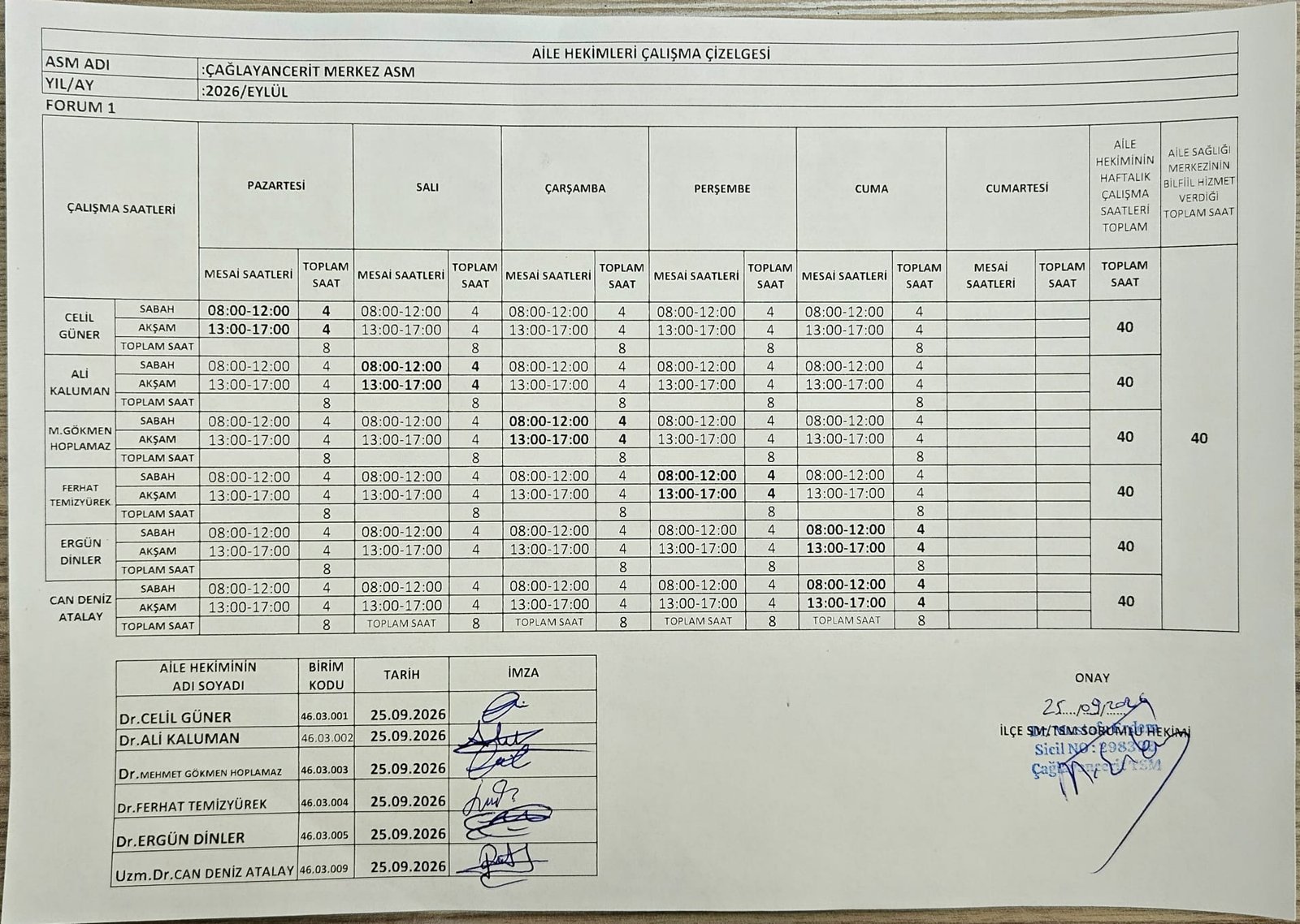 Çağlayancerit Merkez ASM Çalışma Çizelgesi
